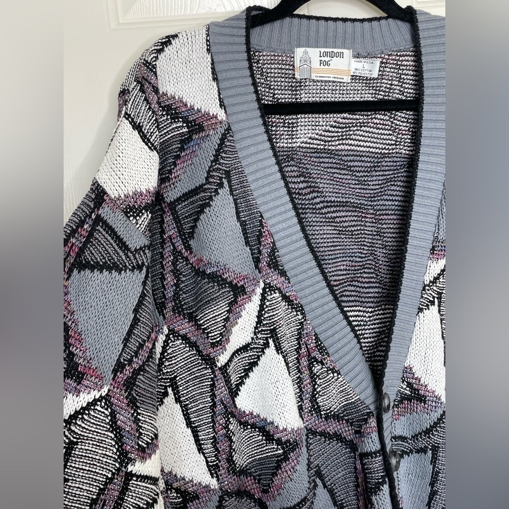 Vintage London Fog Men’s Cardigan Sweater Geometric 80s 90s Button Up | L - Picture 4 of 12